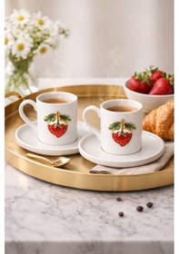 Resim Dekorasyaa 2'li Seramik Kahve Fincan Takımı - 90 Ml - Çilek Desenli Beyaz 