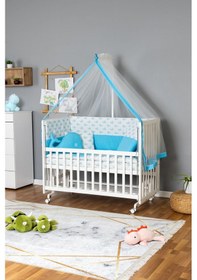 Resim Ahşap Beşik Anne Yanı Beşik Beyaz 70x130 - Mavi Balina Uyku Seti + Yataklı + Tekerlekli Beyaz 