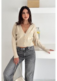 Resim Noa & Noa Kadın Çiçek Nakışlı Düğmeli Premium Hırka Romantik & Zarif Stil Bej 