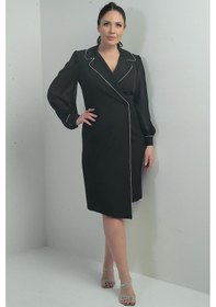 Resim Kadın Kruvaze Yaka Kolları Şifon Tek Düğmeli Büyük Beden Kısa Elbise-40888 Siyah 
