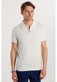 Resim Tudors Erkek Slim Fit Dar Kesim Pamuklu Örme Triko Fermuarlı Beyaz Polo Yaka Tişört-33177 Beyaz 
