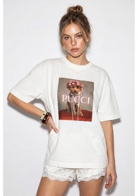 Resim Shade Kadın Poodle Baskılı Pamuk Bisiklet Yaka Oversize Basic T-shirt Öt261064 60286255 - Beyaz Standart 