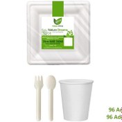 Resim Ekolojik Kare 20 Cm. 96 Kişilik Parti Piknik Sofra Sunum Seti - Tabak Bardak Çatal Kaşık Takımı 