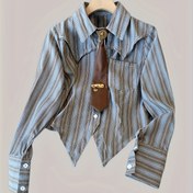 Resim Kadınlar için Vintage Çizgili Bağcıklı Kısa Üst - Vintage Yaka, Cepli Uzun Kollu Gömlek, Polyester - İlkbahar & Sonbahar için Mükemmel, Şık Tarz, Sonbahar 