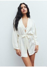 Resim Fumée Ekru Kısa Saten Sabahlık / Kimono Ekru 