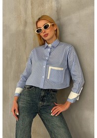Resim Mavi-beyaz Manşet Ve Cepleri Garnili Çizgili Oversize Crop Dokuma Gömlek Bc231036 Çok Renkli 