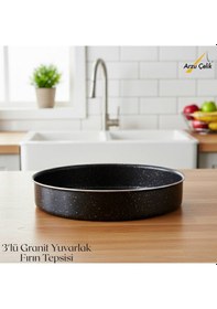 Resim 3lü Granit Yuvarlak Fırın Tepsisi Seti - Siyah Siyah 