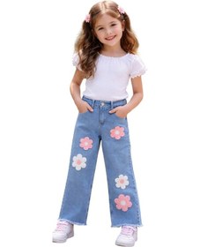 Resim İrem Kız Çocuk Çiçek Nakış Aplikeli Geniş Paça Model Paçası Püsküllü Mavi Renk Kot Pantolon 