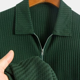 Resim Erkekler için hafif, nefes alabilen jakar dokuma kazak - Fermuar detaylı, kısa kollu rahat polo, sıcak hava koşullarında günlük giyim için düz renk düzenli fit, yazlık kıyafet, klasik yaka tasarımı, dayanıklı yapı 
