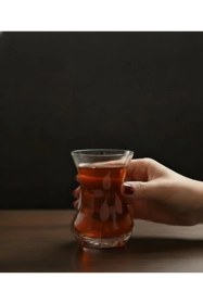 Resim Yaprak 6'lı Kesme Kristal Dekor İnce Belli Çay Bardağı - Özel Yapım Şık Sunum Şeffaf 