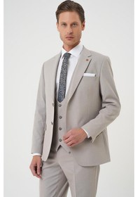 Resim Efor Slim Fit Çift Yırtmaç Keten Karışımlı Yelekli Klasik Taş Takım Elbise Tk 914 Taş 