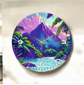 Resim Dağ Doğa Renkli Baskı Desenli Sayılı Hediyelik Ahşap Sessiz Duvar Saati 50cm ÇOk Renkli 