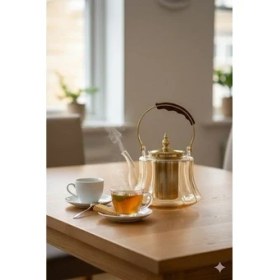 Resim Morponi Ahşap Saplı Isıya Dayanıklı Borosilikat Amber Cam Demlik - 1200 ml Süzgeçli Cam Demlik 
