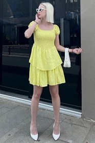 Resim Madmext Sarı Katlı Etekli Beli Büzgülü Elbise Mg2103 