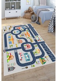 Resim Dijital Baskılı Dekoratif Kaymaz Taban Yıkanabilir Trafik Parkı Temalı Modern Çocuk Halısı Gri 