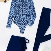 Resim 3 adet Kadın Modest Tam Vücut Mayosu Seti, Orta Doğu Müslüman Mayo, Yüksek Esnek Örgü Kumaş, Kova Yaka, Fermuar Detayı, Şeritli Desen, Polyester 