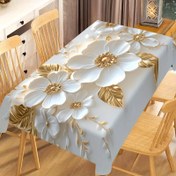 Resim 1 adet Zarif Beyaz Çiçekli Masa Örtüsü Altın Detaylı - Makinede Yıkanabilir Polyester, Yemek Odası Dekoru, Partiler, Düğünler ve Özel Günler için Mükemmel, Şenlikli Masa Düzeni | Dekoratif Masa Örtüsü | İnce Desen 
