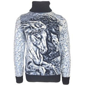 Resim Kaşmir Yün Karışımı Boğazlı Kazak At Desenli Lacivert 