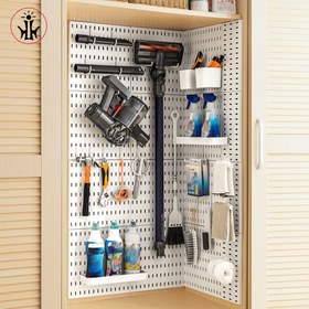 Resim Deliksiz Duvara Monte Pegboard Organizatörü - Kancalı ve Raflı, Dayanıklı Plastik Alet Depolama Rafı - Garaj, Mutfak, Banyo, Yurt için Kolay Kurulumlu Alan Tasarrufu Sağlayan Ev Düzenleme Sistemi, Mutfak Organizasyonu, Alet Tutucu Panosu, Kullanışlı Raflar 