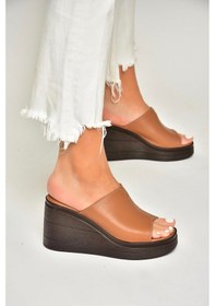 Resim Fox Shoes P555961203 Taba Hakiki Deri Dolgu Topuklu Kadın Terlik Taba 