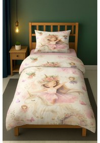 Resim Peri Kız Unicorn Masalı Tek Kişilik Çocuk Nevresim Seti Pembe 