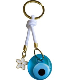 Resim Cam Nazar Boncuklu Lotus Çiçekli Beyaz İpli Anahtarlık Çok Renkli 