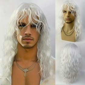 Resim Erkekler için Beyaz Kıvırcık Peruk ile Patlıcan – Günlük kullanım ve Cosplay için Doğal Su Dalgası Sentetik Saç – Ayarlanabilir Uyum (Cadılar Bayramı, Rol Yapma) 
