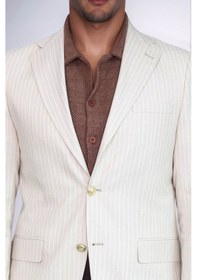 Resim Ekru Çizgili Keten Dokulu Gold Renk Metal Düğmeli Slim Fit Erkek Blazer Ceket Wessi Cream 