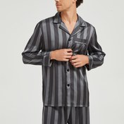 Resim Erkek Şık Deniz Mavi Çizgili Pijama Takımı - Rahat Uzun Kollu Gömlek ve Pantolon Düğme Detaylı, Tüm Mevsimler İçin Bol Kesim, Rahat Uyku Giyimi|Rahat Stil|Hafif Esnek Kumaş 