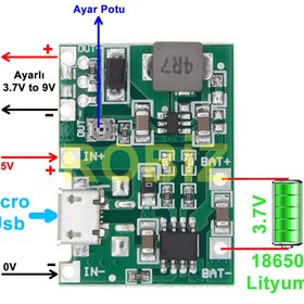 Resim Genel Markalar Tp4056 18650 Lityum Pil Şarj Micro Usb Ayarlı Voltaj Yükseltici 3-7v To 27v Boost Step Up Lion Akü 