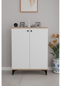 Resim 3 Raflı Kapaklı Ayakkabılık Dolabı Modern Çok Amaçlı Vestiyer & Antre Dolabı Atlantik Çam - Beyaz 