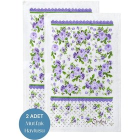 Resim 2li Paket Baskılı Beyaz Mutfak Havlusu Modeli Lila Güller 