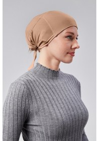 Resim Sonbaharmoda Kadın Tesettür Likralı Penye Dikişsiz Kaymaz Düz Bağlamalı Bone Sütlü Kahverengi 