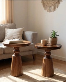 Resim ASELYA HOME Doğal Ahşap 2’li Set Mantar Yan Sehpa Modern Fiskos Zigon Çiçeklik 