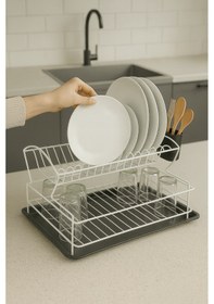 Resim Paslanmaz Metal 2 Katlı Bulaşık Kurutma Sepeti - Tezgah Üstü Bulaşıklık Teli - Beyaz Beyaz 