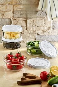 Resim 6 Adet Beyaz Plastik Kapaklı Kahvaltılık Cam Kase- Kahvaltılık Saklama Kabı 415 cc 