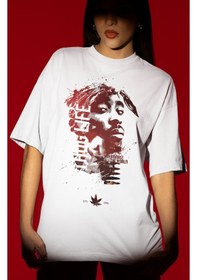 Resim Tasarım 2pac Rapper Şarkıcı Tupac Baskılı Unisex Oversize Tişört Beyaz 