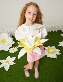 Resim Kız Çocuk Gömlek Geniş Yaka Kısa Balon Kollu İşleme Detaylı 