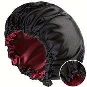 Resim 1 adet Klasik Ayarlanabilir Düğmeli Çift Taraflı Saten Bonnet, Elastik Bantlı Polyester Saç Kapağı, Yağsız Uyku ve Duş Şapkası 