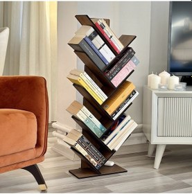 Resim Mk10 - Geometrik 8 Raflı Ağaç Kitaplık Ceviz 