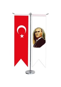 Resim Masa Üstü Kırlangıç Atatürk + Türk Bayrağı + Krom T Direk Masa Bayrak Seti 