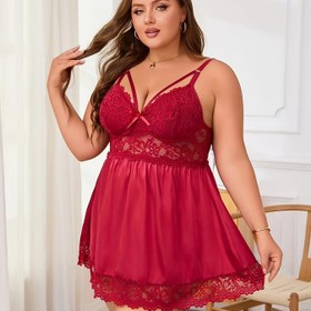 Resim Şık Büyük Beden Dantel Gecelik, Omuz Üstü Askı, Buruşuk Detay ve Kurdele Detaylı - Yumuşak Esnek Kumaş, Tüm Mevsim Giyim, Yetişkin, Gecelik|Şık Gecelik|Esnek Kumaş 