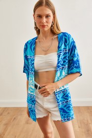 Resim Olalook Kadın Mavi Desenli Dokuma Viskon Kimono KMN-00000065 