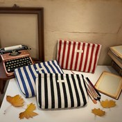 Resim Yeni Çizgili Kozmetik Makyaj Çantası - Çok Bölmeli Dayanıklı Polyester Seyahat Organizeri, Cilt Bakımı, Fırçalar ve Temel Malzemeler İçin Taşınabilir Tuvalet Çantası (Mavi & Kırmızı Çizgiler) 