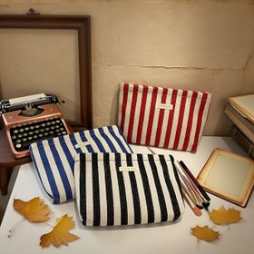 Resim Yeni Çizgili Kozmetik Makyaj Çantası - Çok Bölmeli Dayanıklı Polyester Seyahat Organizeri, Cilt Bakımı, Fırçalar ve Temel Malzemeler İçin Taşınabilir Tuvalet Çantası (Mavi & Kırmızı Çizgiler) 