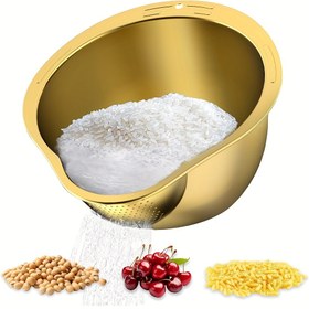 Resim Paslanmaz Çelik Pirinç Yıkama Süzgeci Kase Yan Süzgeçlerle - Altın Rengi, 1 adet - Kınoa, Meyve, Sebze, Fasulye ve Makarna Yıkamak İçin Mükemmel - Kolay Temizlenir, Bulaşık Makinesinde Yıkanabilir, Çok Yönlü Mutfak Süzgeci 