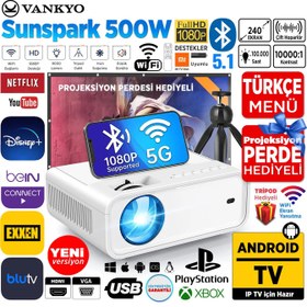 Resim Sunspark 500W Android TV 1080P Destekli Projeksiyon Cihazı 5G Wi-Fi + 5.1 Bluetooth - LCD LED - 240 Inç Yansıtma-Dahili Hoparlör-PS5/XBOX/HDMI/USB/VGA/AV 