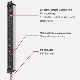 Resim Brennenstuhl Alu-Line Serisi 19" Server Kasası Uyumlu Uzatma Kablosu 9 Soketli 2 Metre Kablolu 5 Yıl 