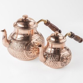 Resim Dmt Gaziantep Bakır Çaydanlık Takımı Ağır El Kabartmalı Alt:14,5cm Üst:10,5cm Toplam:2,6 Lt Bakır 