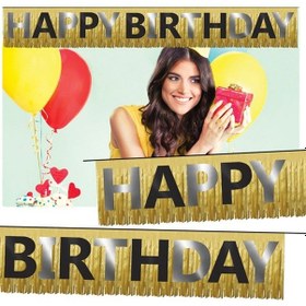 Resim Happy Birthday Banner Püsküllü Metalize Altın P1 +3 